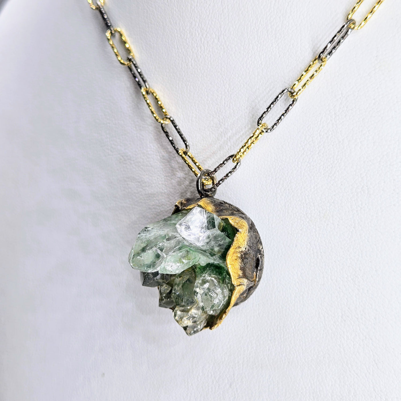 "Green Phantom" Pendant Necklace - Phantom Quartz, Black & 18k Gold Sterling