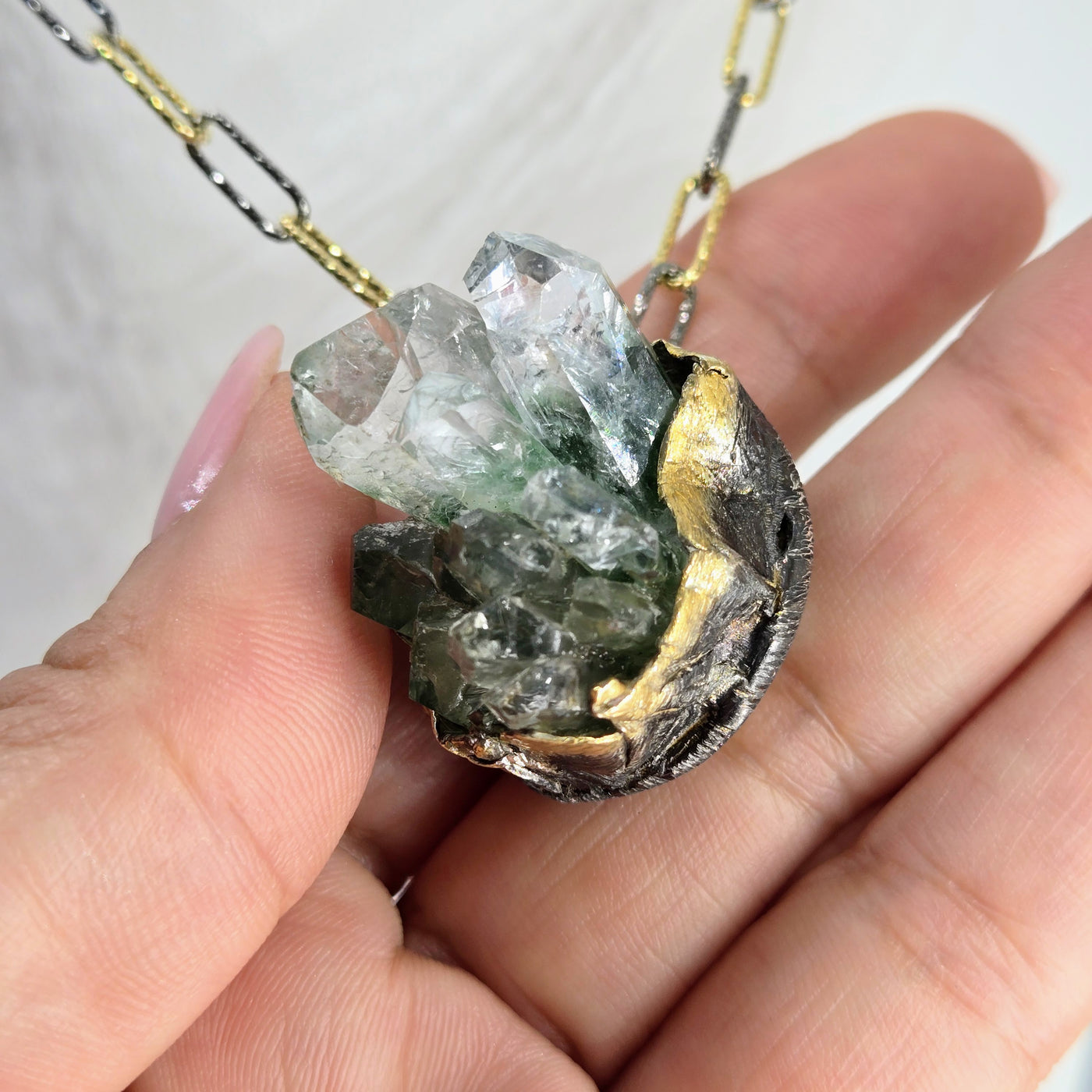 "Green Phantom" Pendant Necklace - Phantom Quartz, Black & 18k Gold Sterling