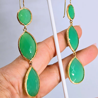 "Spring Beauties" 3.25" Earrings - Green Chalcedony, 18k Gold Sterling