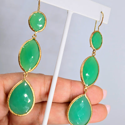 "Spring Beauties" 3.25" Earrings - Green Chalcedony, 18k Gold Sterling