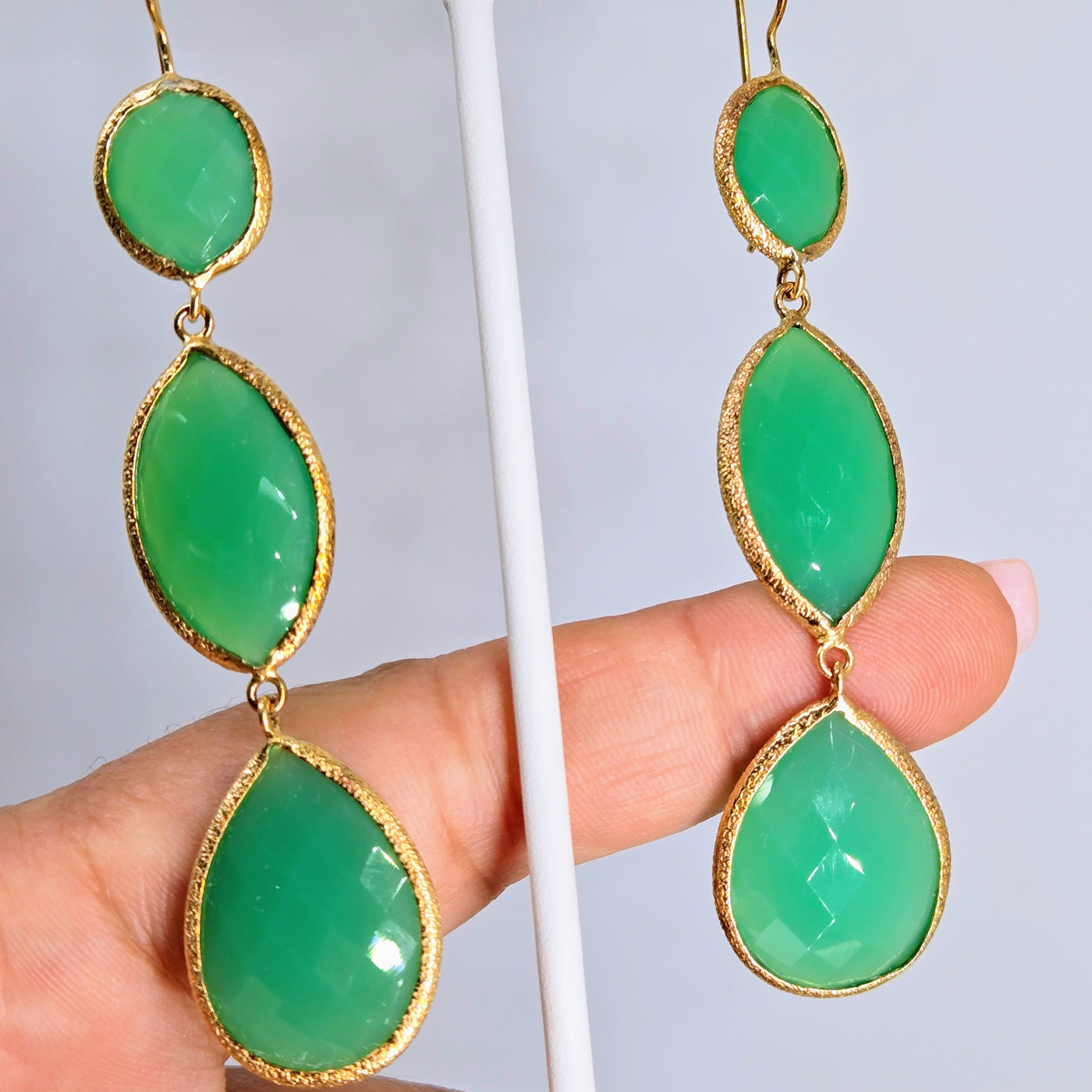 "Spring Beauties" 3.25" Earrings - Green Chalcedony, 18k Gold Sterling