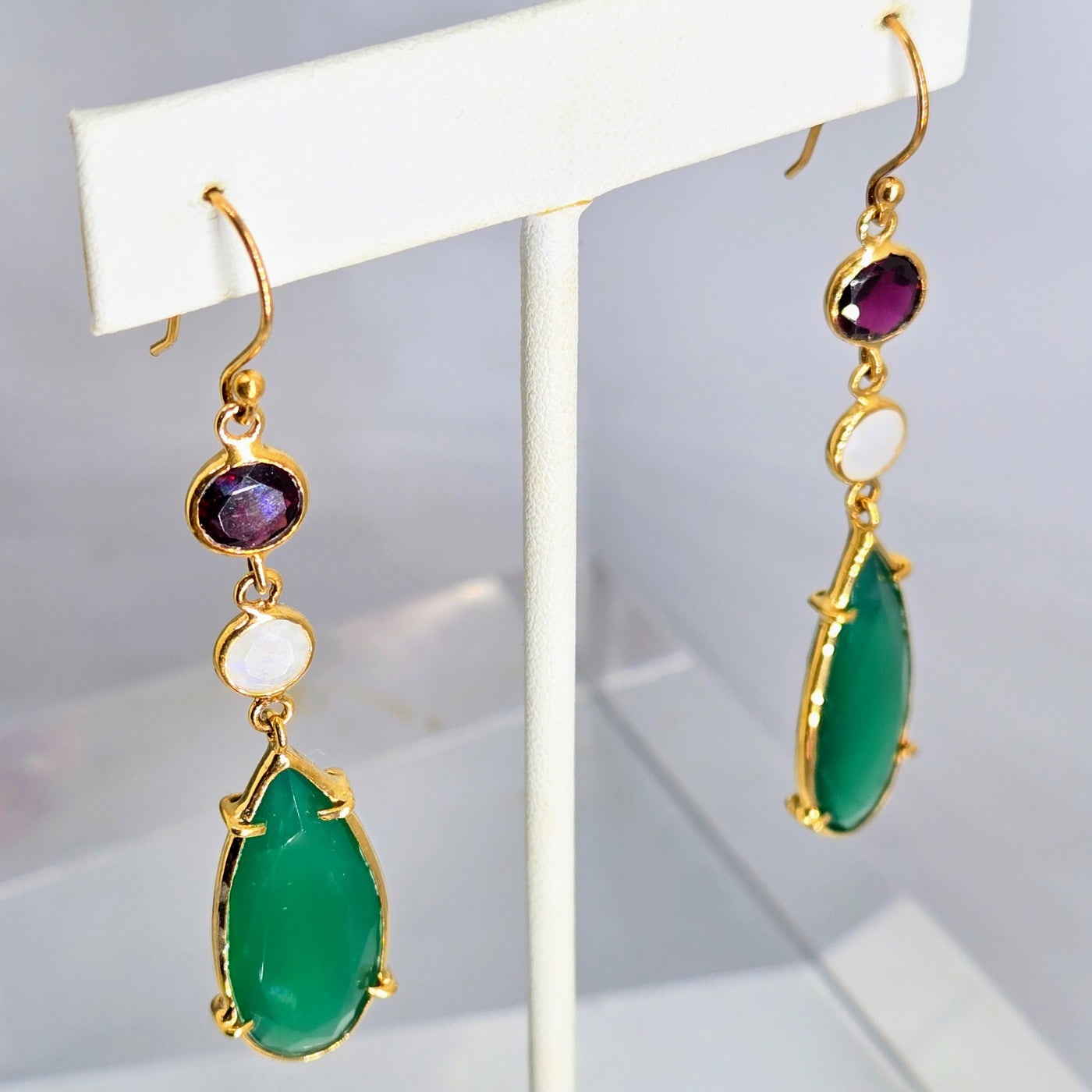 "Spring Berries" 2.75" Earrings - Onyx, Moonstone, Garnet, 18k Gold Sterling