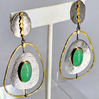 "Apple Cheeks" 2.75" Earrings - Chrysoprase, Black Sterling, 18k