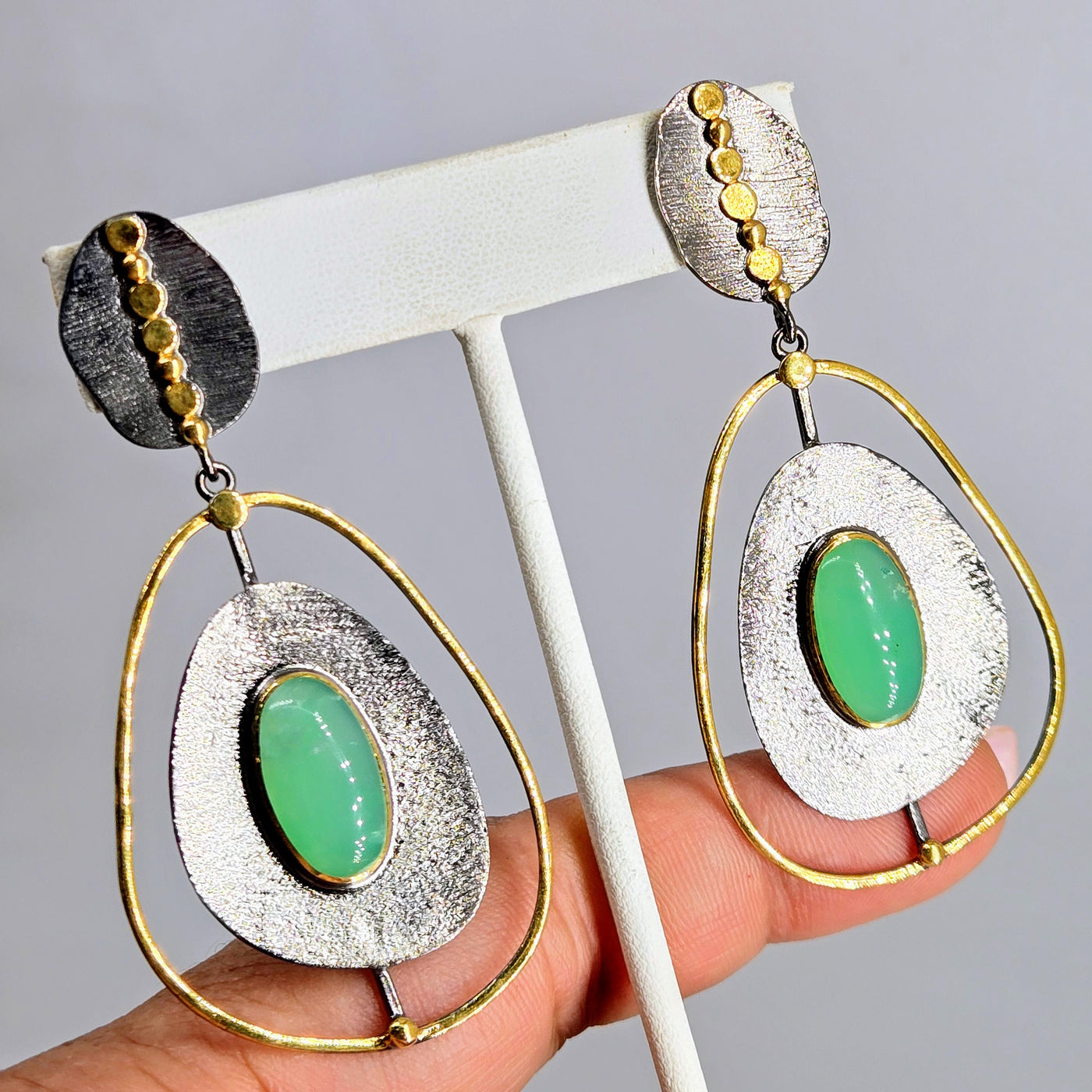 "Apple Cheeks" 2.75" Earrings - Chrysoprase, Black Sterling, 18k