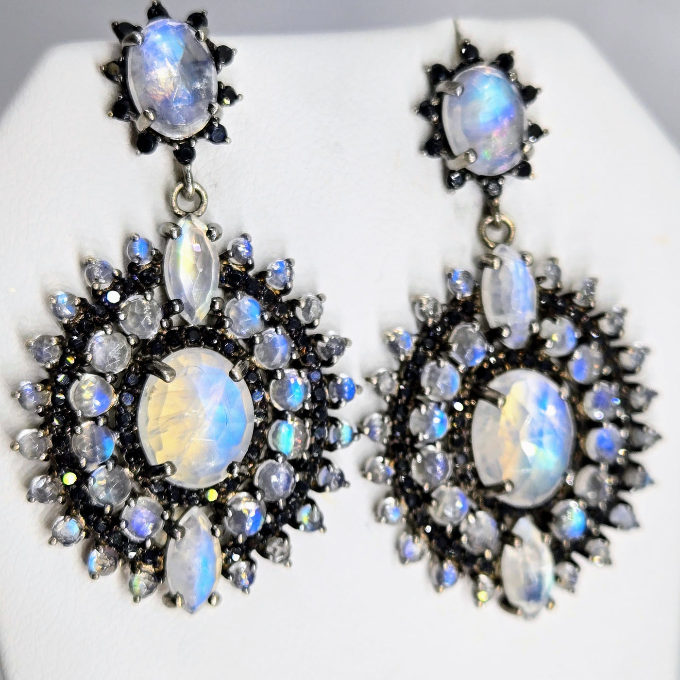 "Serious Moonlight" 1.75" Earrings - Moonstone, Spinel, Black Sterling