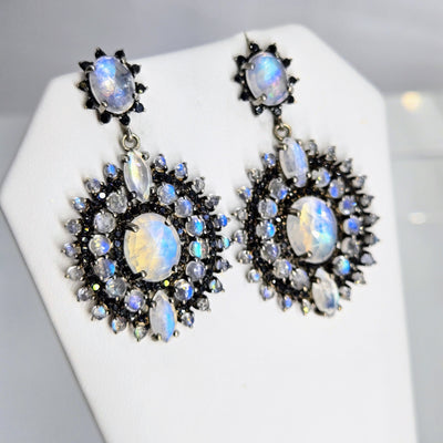 "Serious Moonlight" 1.75" Earrings - Moonstone, Spinel, Black Sterling
