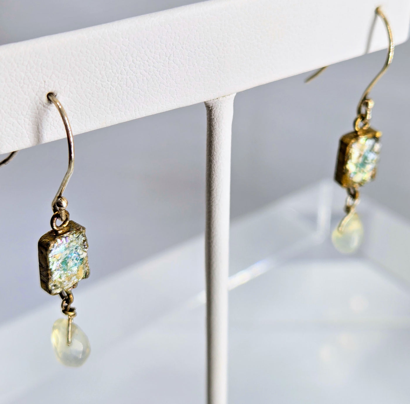 "Ancient Roman Glass Windows" 1.75" Earrings - Ancient Roman Glass, Opalite, Sterling