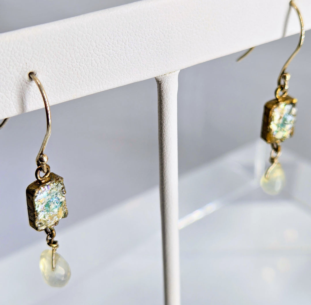 "Ancient Roman Glass Windows" 1.75" Earrings - Ancient Roman Glass, Opalite, Sterling