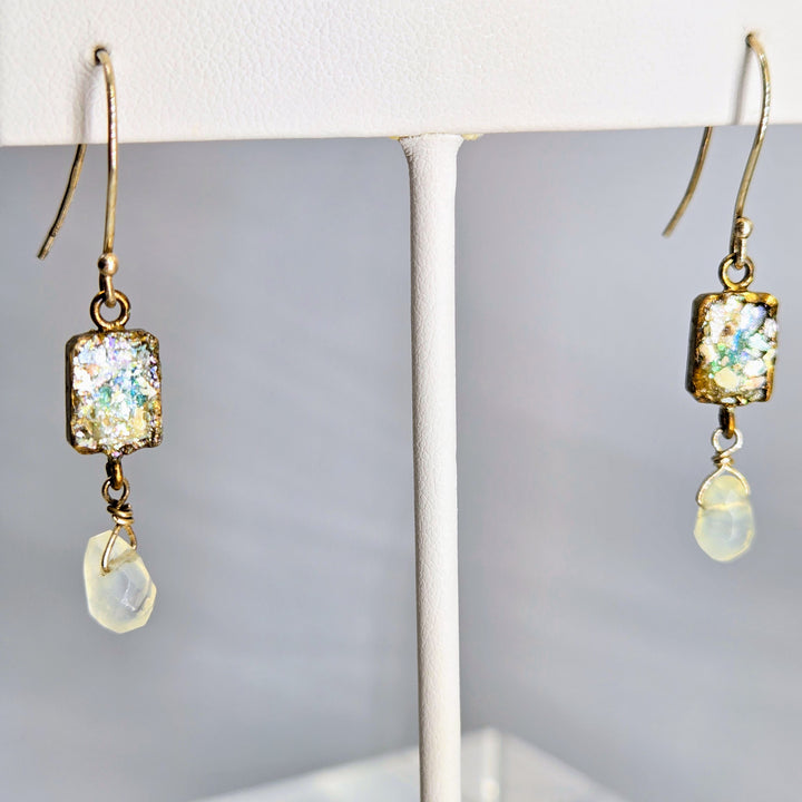 "Ancient Roman Glass Windows" 1.75" Earrings - Ancient Roman Glass, Opalite, Sterling