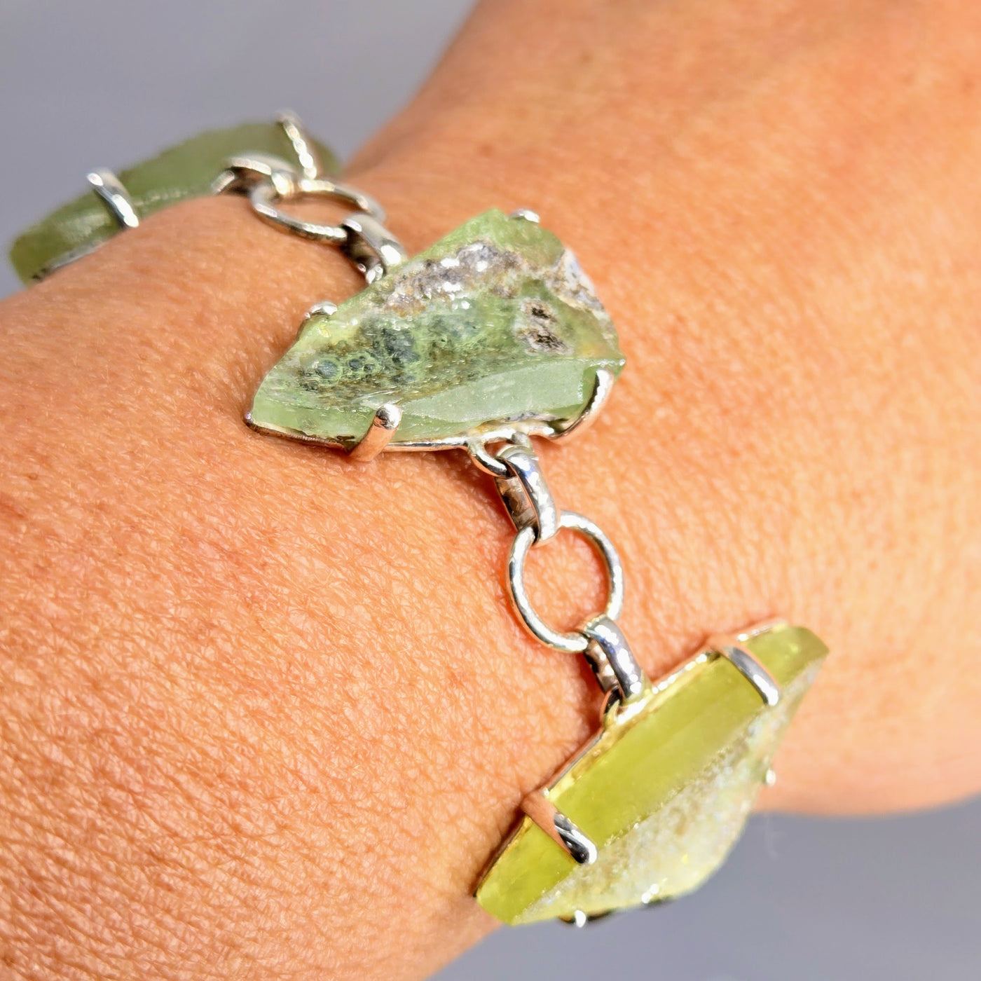 "Ancient Roman Glass - Moss" 5.5" - 8" Bracelet - Ancient Roman Glass, Sterling