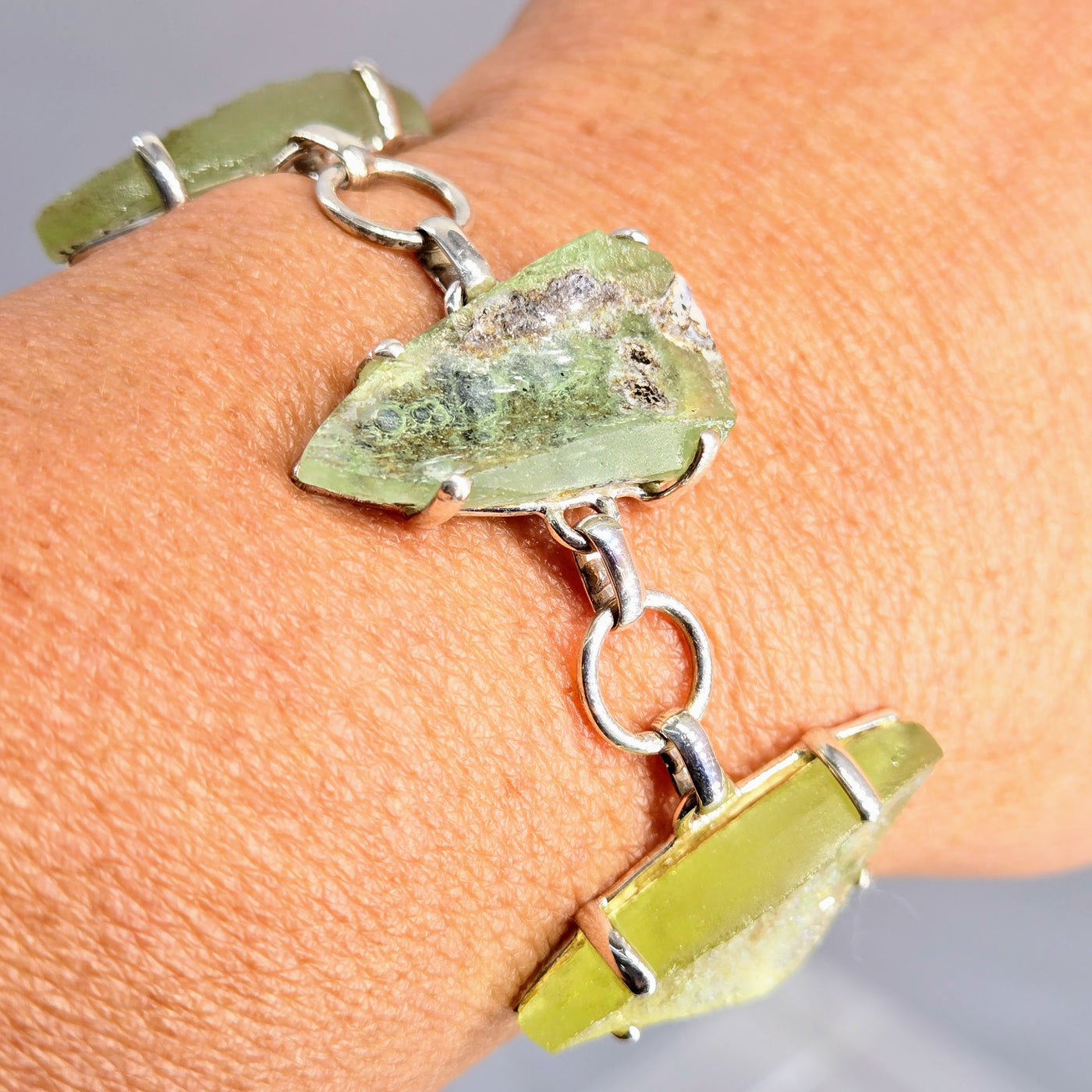 "Ancient Roman Glass - Moss" 5.5" - 8" Bracelet - Ancient Roman Glass, Sterling