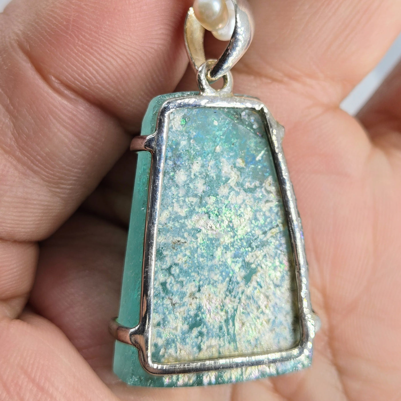 "Ancient Roman Glass Window" Pendant Necklace - Ancient Roman Glass, Sterling, Pearls