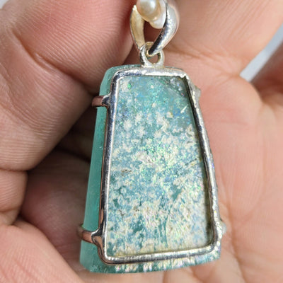 "Ancient Roman Glass Window" Pendant Necklace - Ancient Roman Glass, Sterling, Pearls