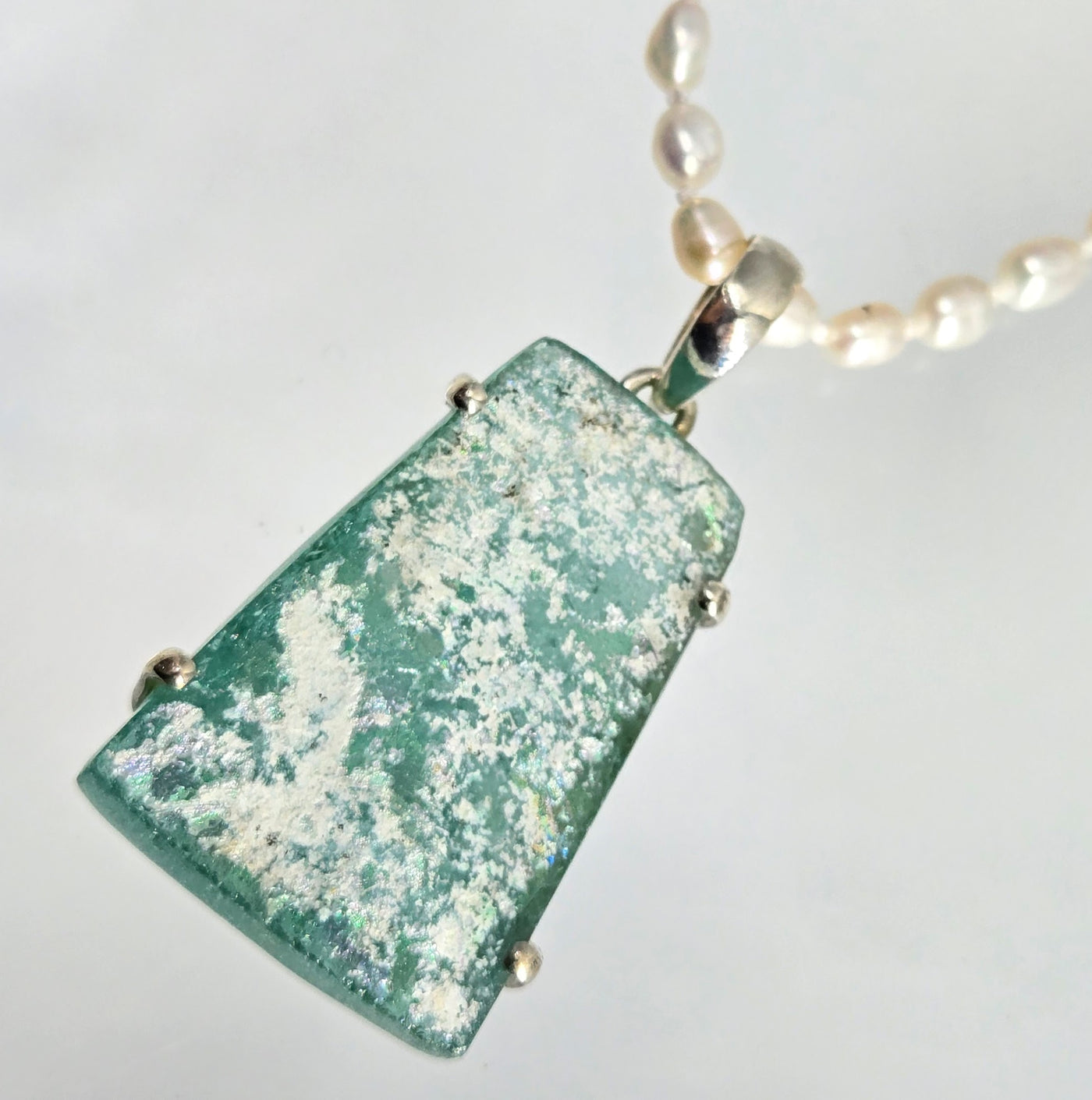 "Ancient Roman Glass Window" Pendant Necklace - Ancient Roman Glass, Sterling, Pearls