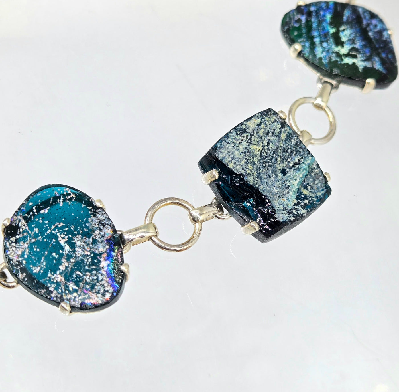 "Ancient Roman Glass Teal Sea" 6.5" - 8.5" Bracelet - Ancient Roman Glass, Sterling