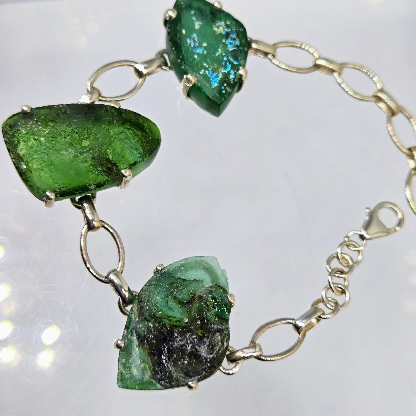 "Ancient Roman Glass Forest" 6" - 8" Bracelet - Ancient Roman Glass, Sterling