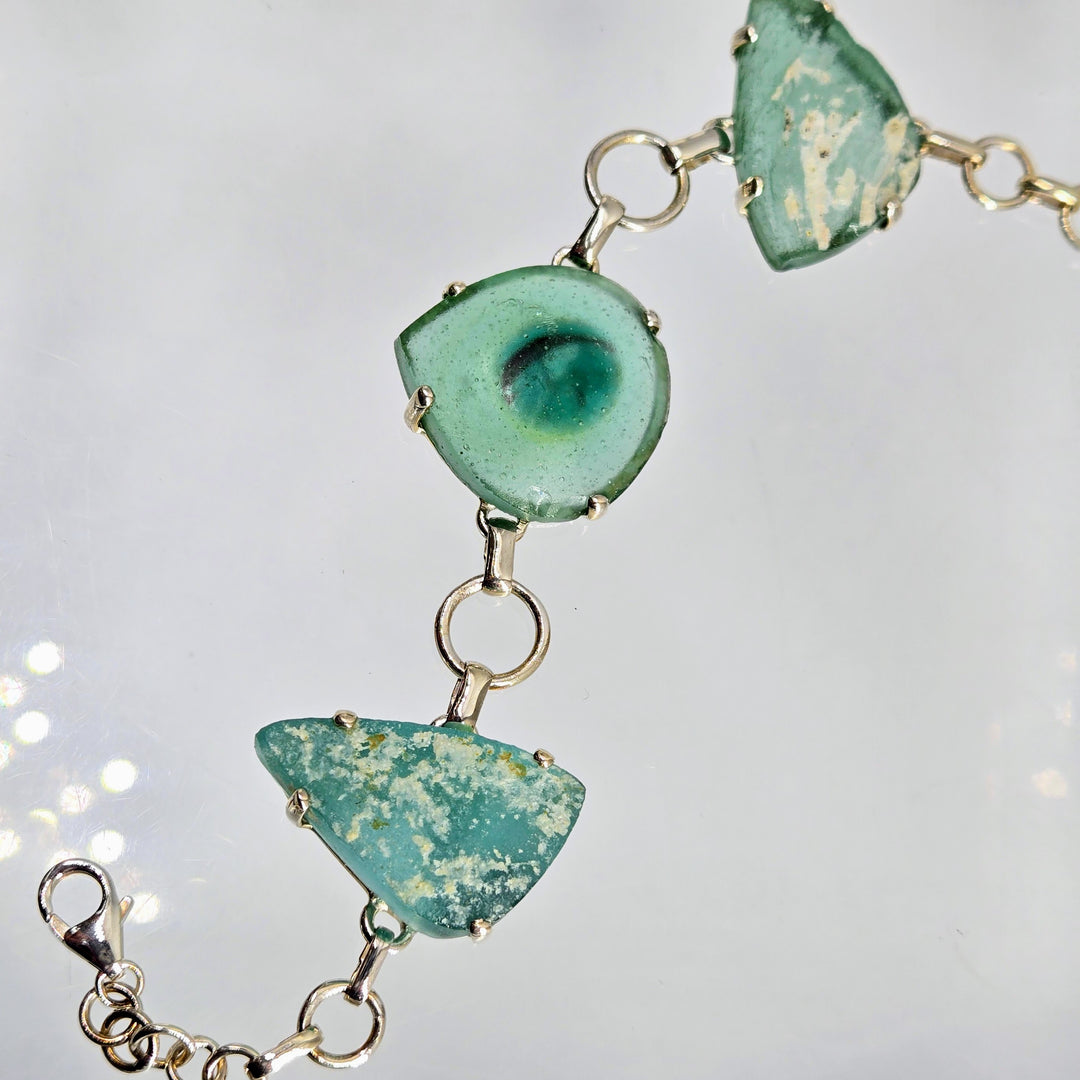 "Ancient Roman Glass Sea #2" 6" - 8.5" Bracelet - Ancient Roman Glass, Sterling