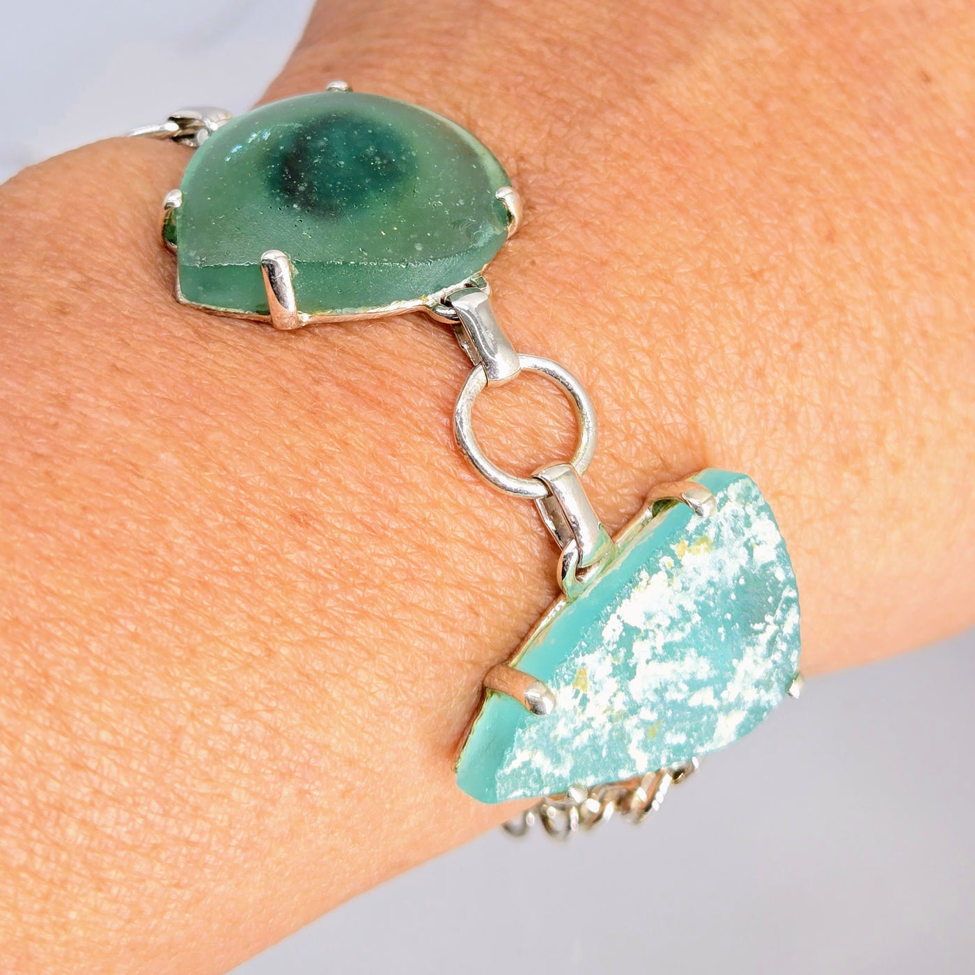 "Ancient Roman Glass Sea #2" 6" - 8.5" Bracelet - Ancient Roman Glass, Sterling