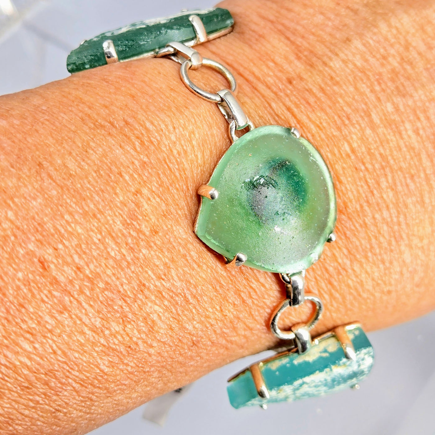 "Ancient Roman Glass Sea #2" 6" - 8.5" Bracelet - Ancient Roman Glass, Sterling