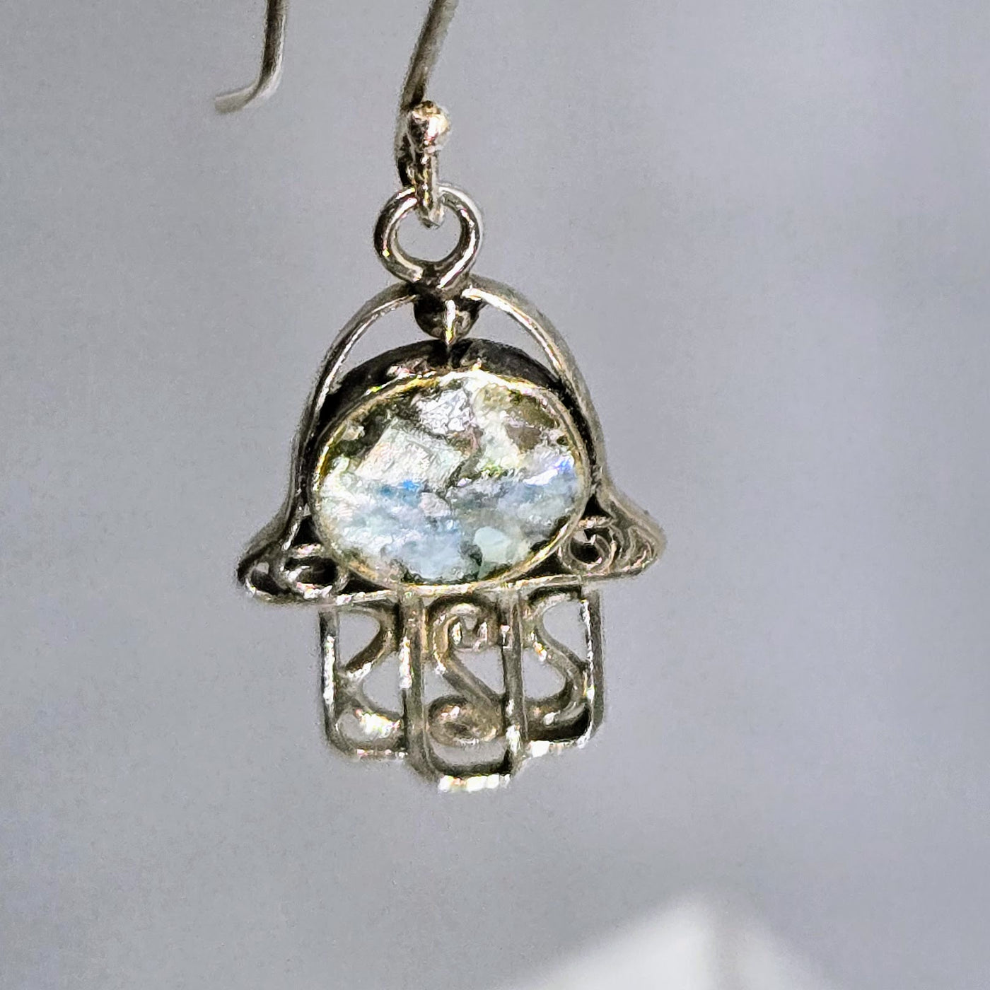 "Ancient Roman Glass Hamsa" 1.5" Earrings - Ancient Roman Glass, Sterling