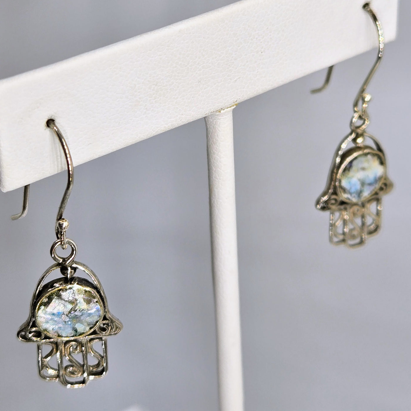 "Ancient Roman Glass Hamsa" 1.5" Earrings - Ancient Roman Glass, Sterling