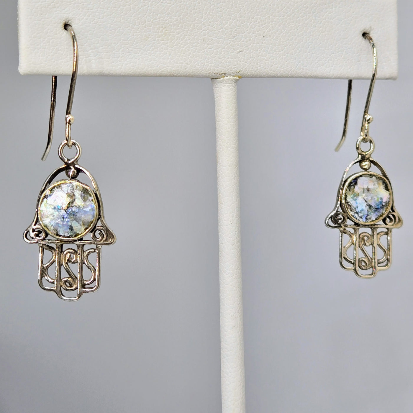 "Ancient Roman Glass Hamsa" 1.5" Earrings - Ancient Roman Glass, Sterling