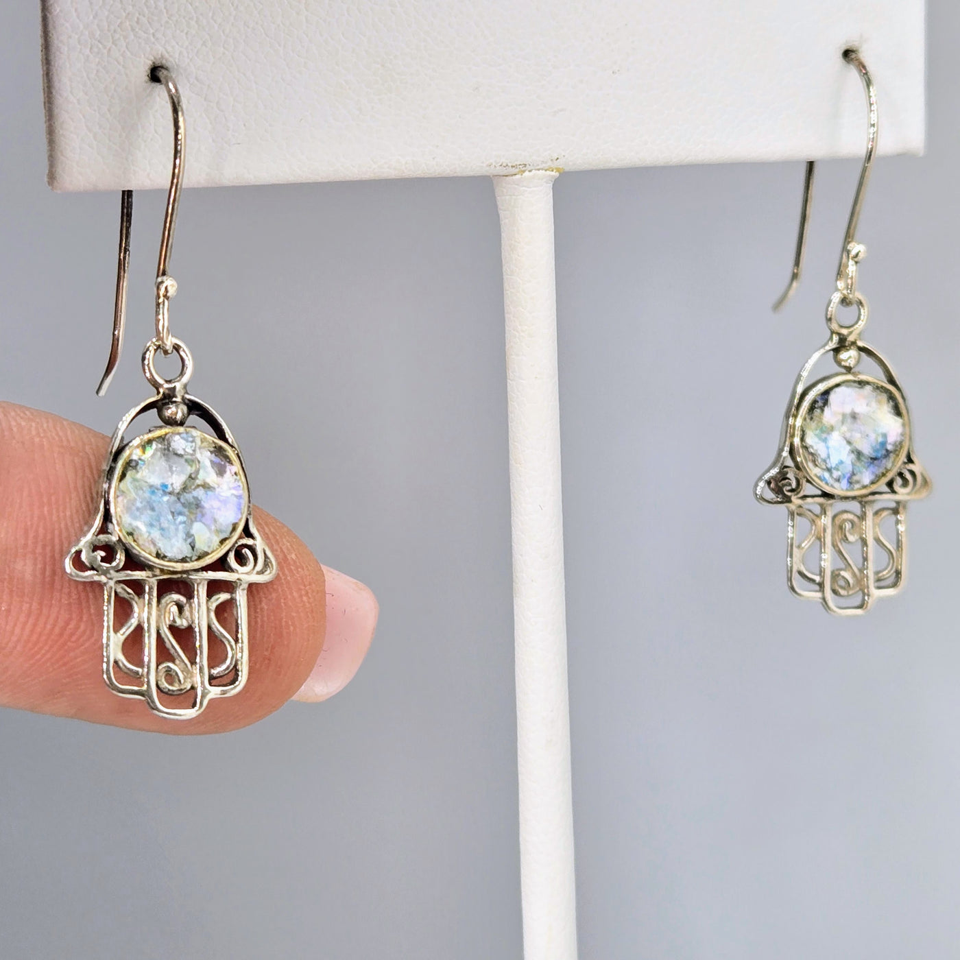 "Ancient Roman Glass Hamsa" 1.5" Earrings - Ancient Roman Glass, Sterling