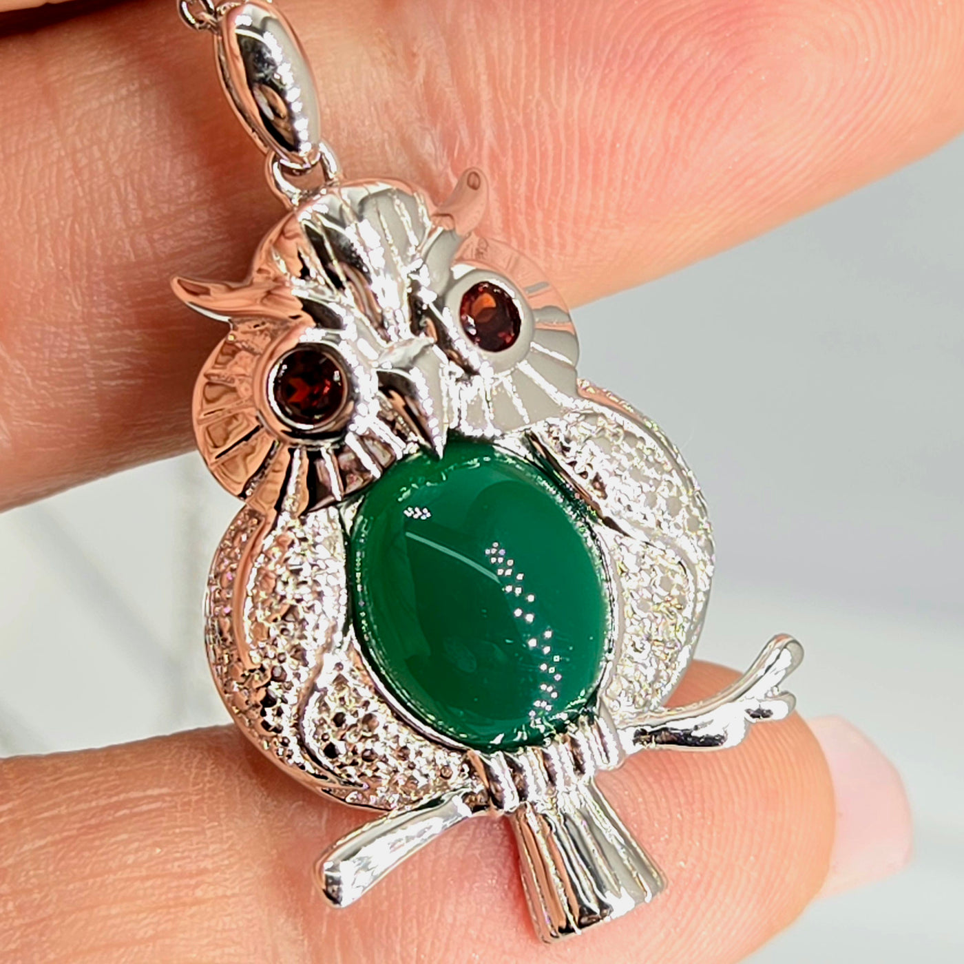 "She's A HOOT!" Pendant Necklace - Onyx, Garnet, Anti-tarnish Sterling