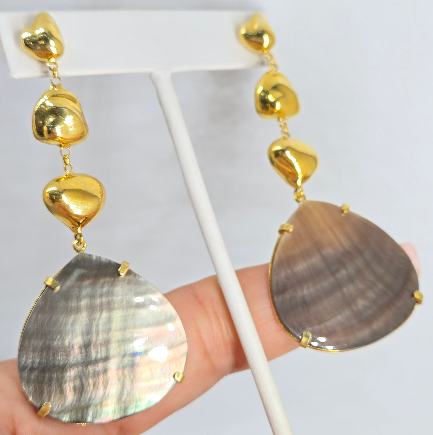 "Sexy Sable" 3" Earrings - Tahitian Mother Of Pearl, 18k Gold Sterling