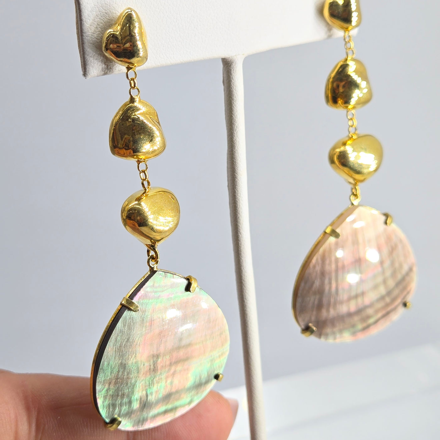 "Sexy Sable" 3" Earrings - Tahitian Mother Of Pearl, 18k Gold Sterling