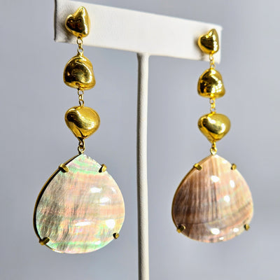 "Sexy Sable" 3" Earrings - Tahitian Mother Of Pearl, 18k Gold Sterling