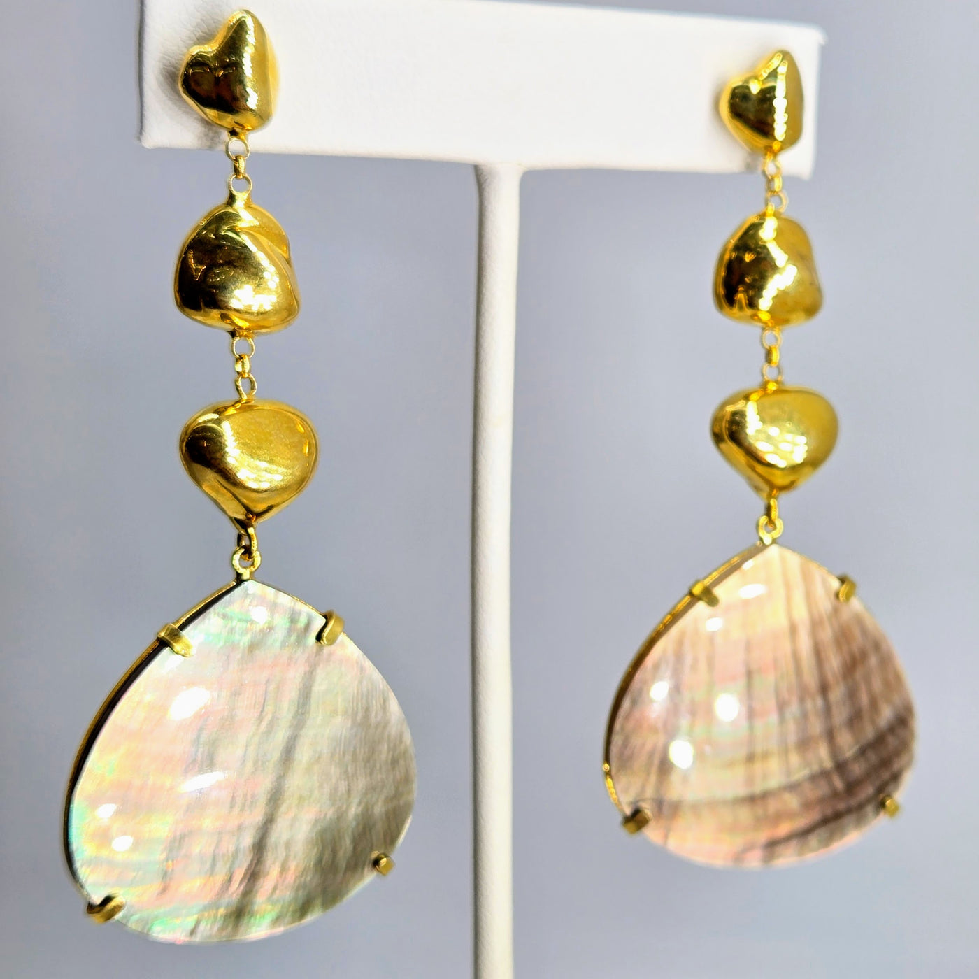 "Sexy Sable" 3" Earrings - Tahitian Mother Of Pearl, 18k Gold Sterling