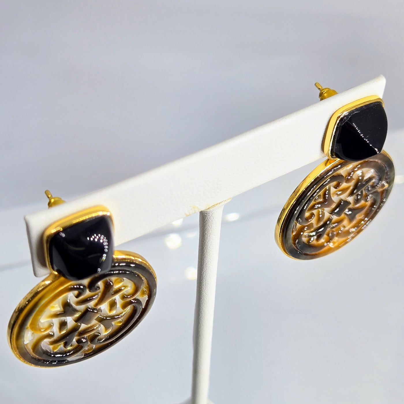 "Eternal Beauties" 1.5" Earrings - Tahitian Mother Of Pearl, Onyx, 18k Gold Sterling