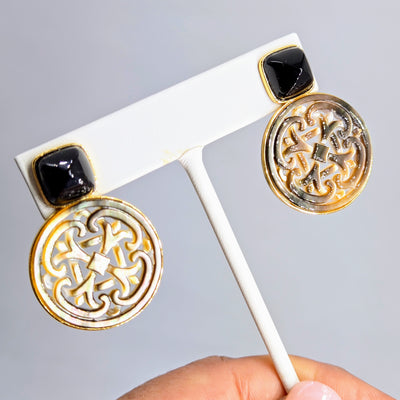 "Eternal Beauties" 1.5" Earrings - Tahitian Mother Of Pearl, Onyx, 18k Gold Sterling