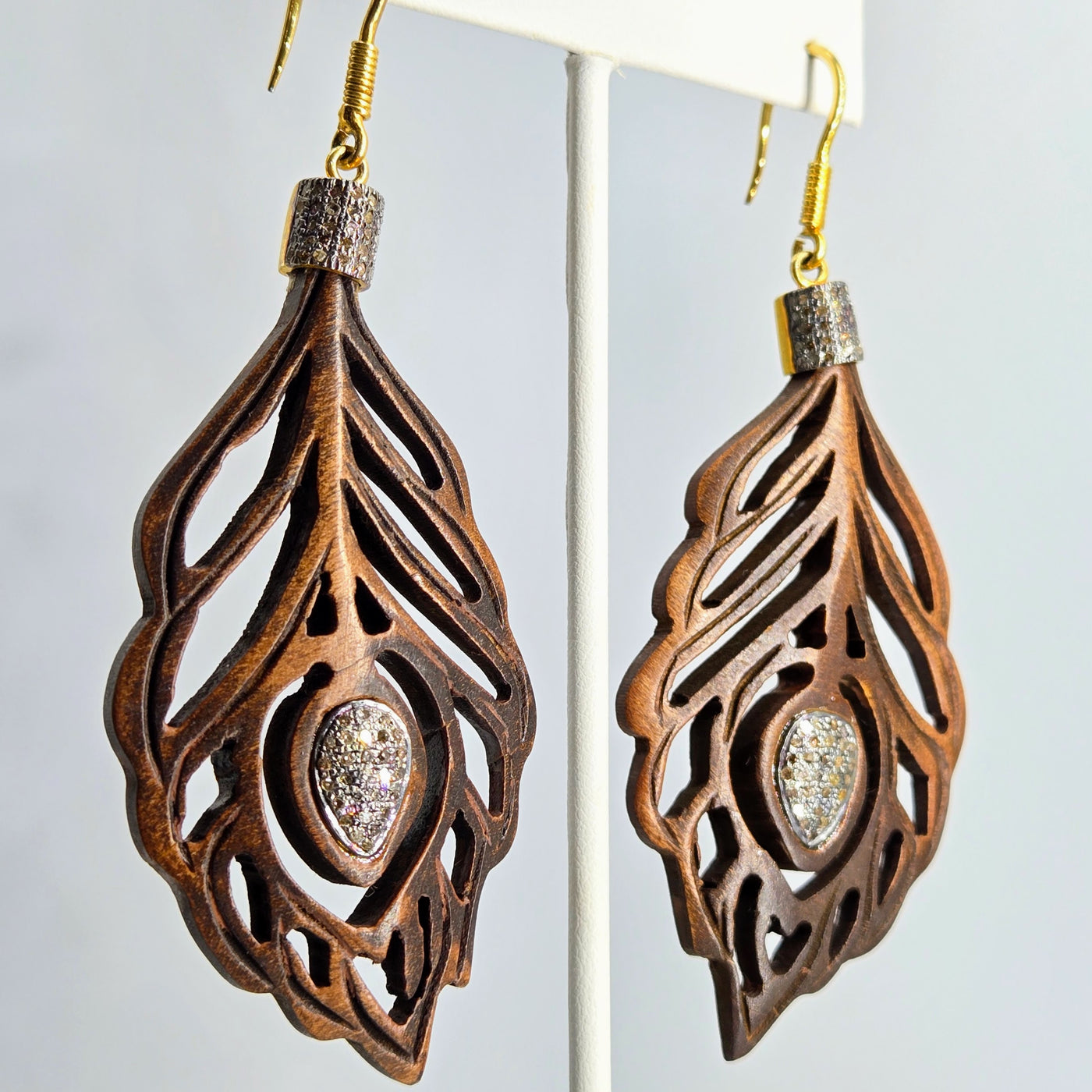 "Forever To-Feather" 4" Earrings - Diamonds, Wood, Sterling