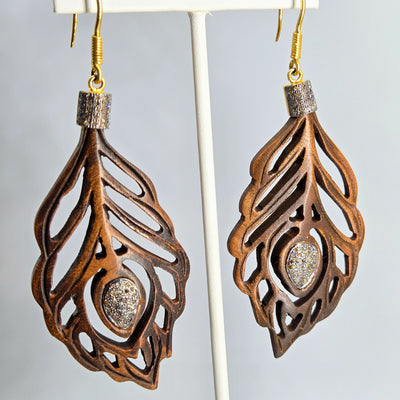 "Forever To-Feather" 4" Earrings - Diamonds, Wood, Sterling