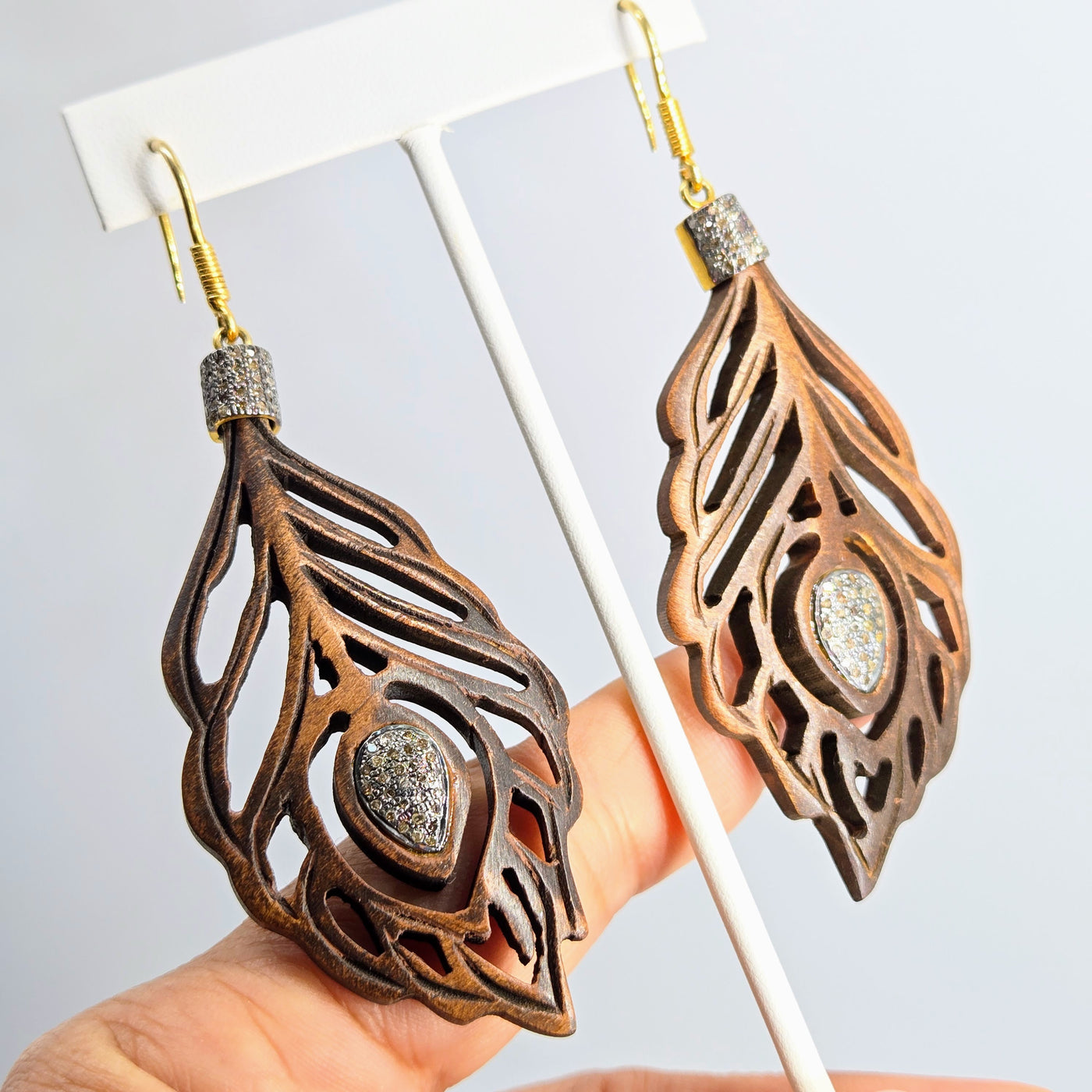 "Forever To-Feather" 4" Earrings - Diamonds, Wood, Sterling