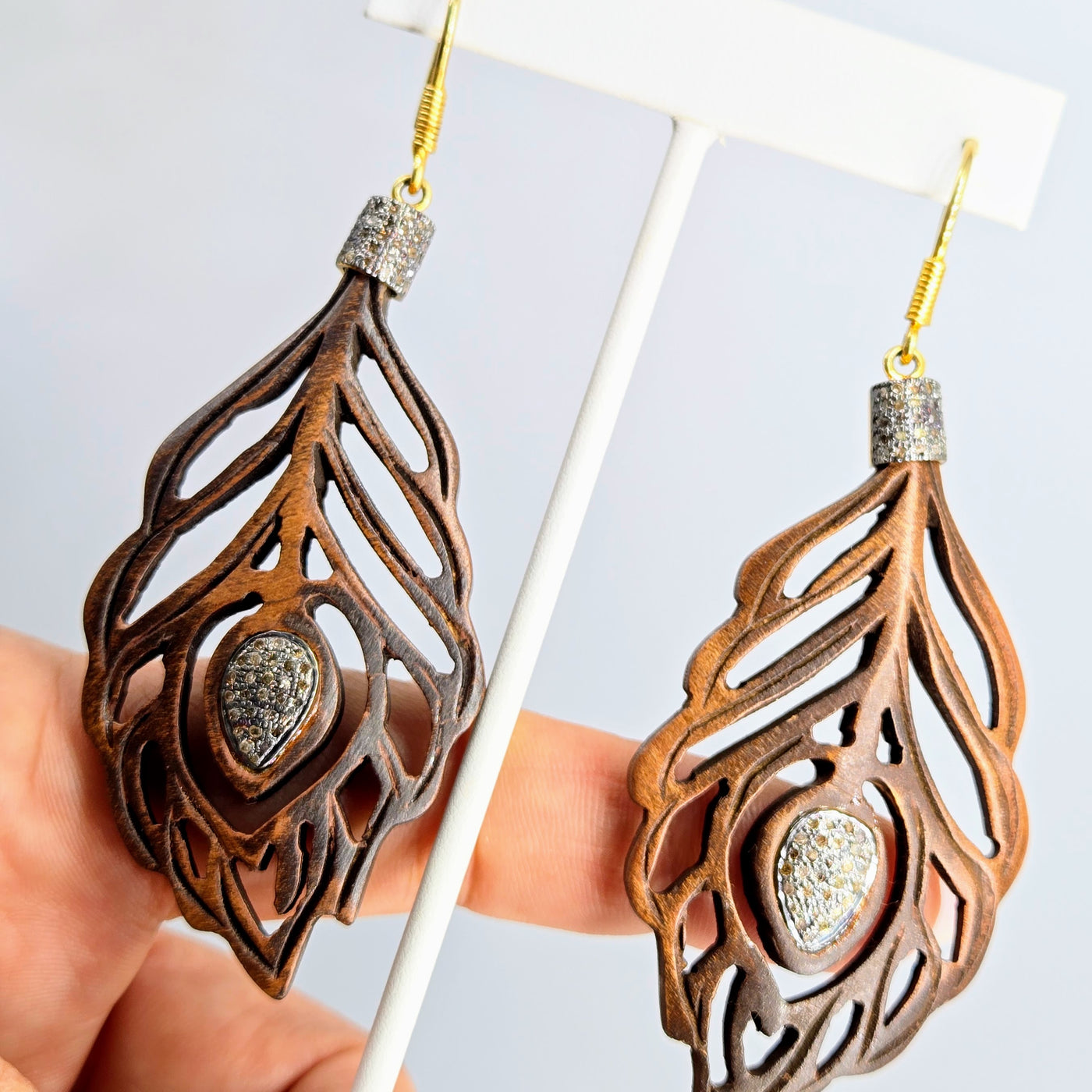 "Forever To-Feather" 4" Earrings - Diamonds, Wood, Sterling