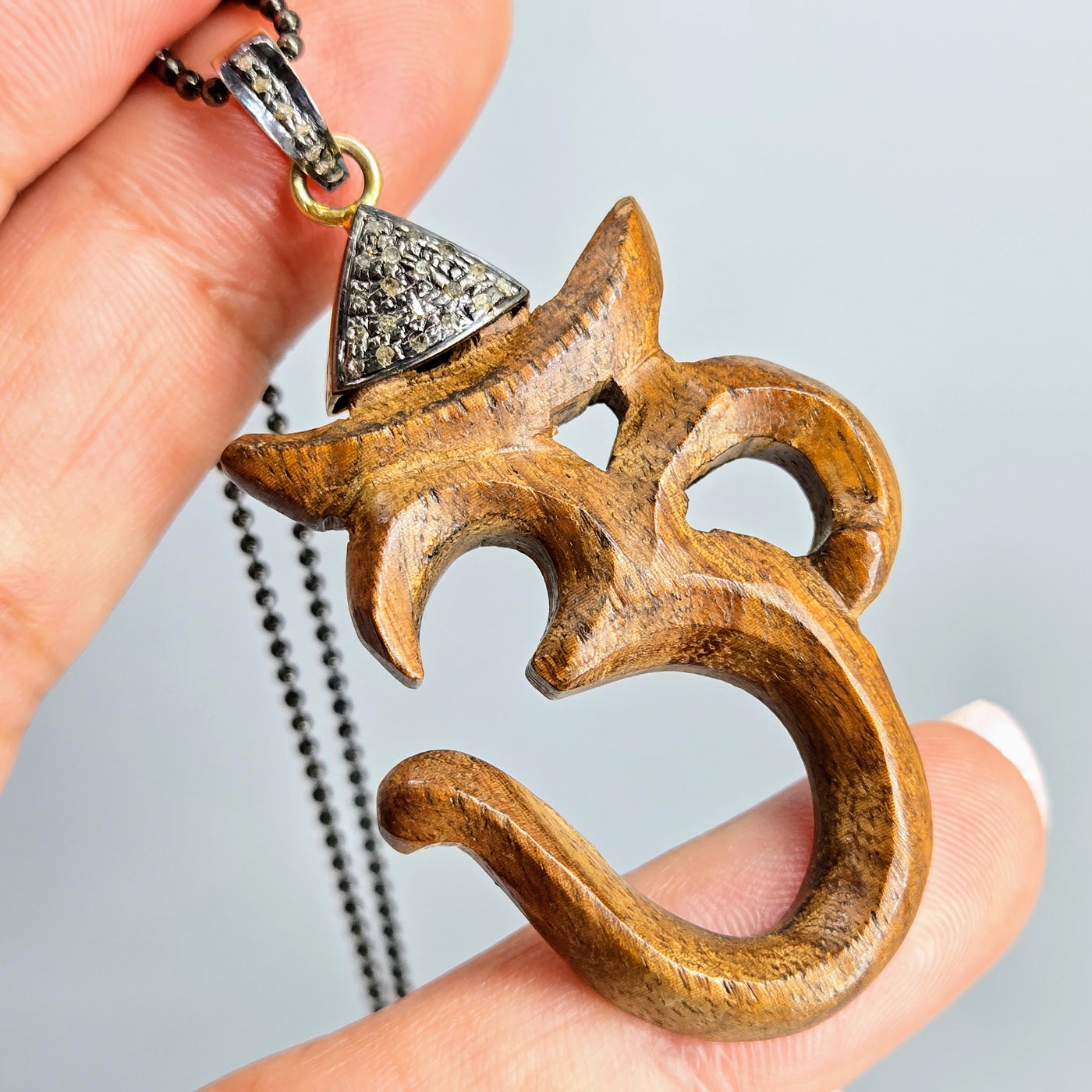 "Om... Ohm... AUM... Oh, MY!" Pendant Necklace - Wood, Diamonds, Oxidized Sterling