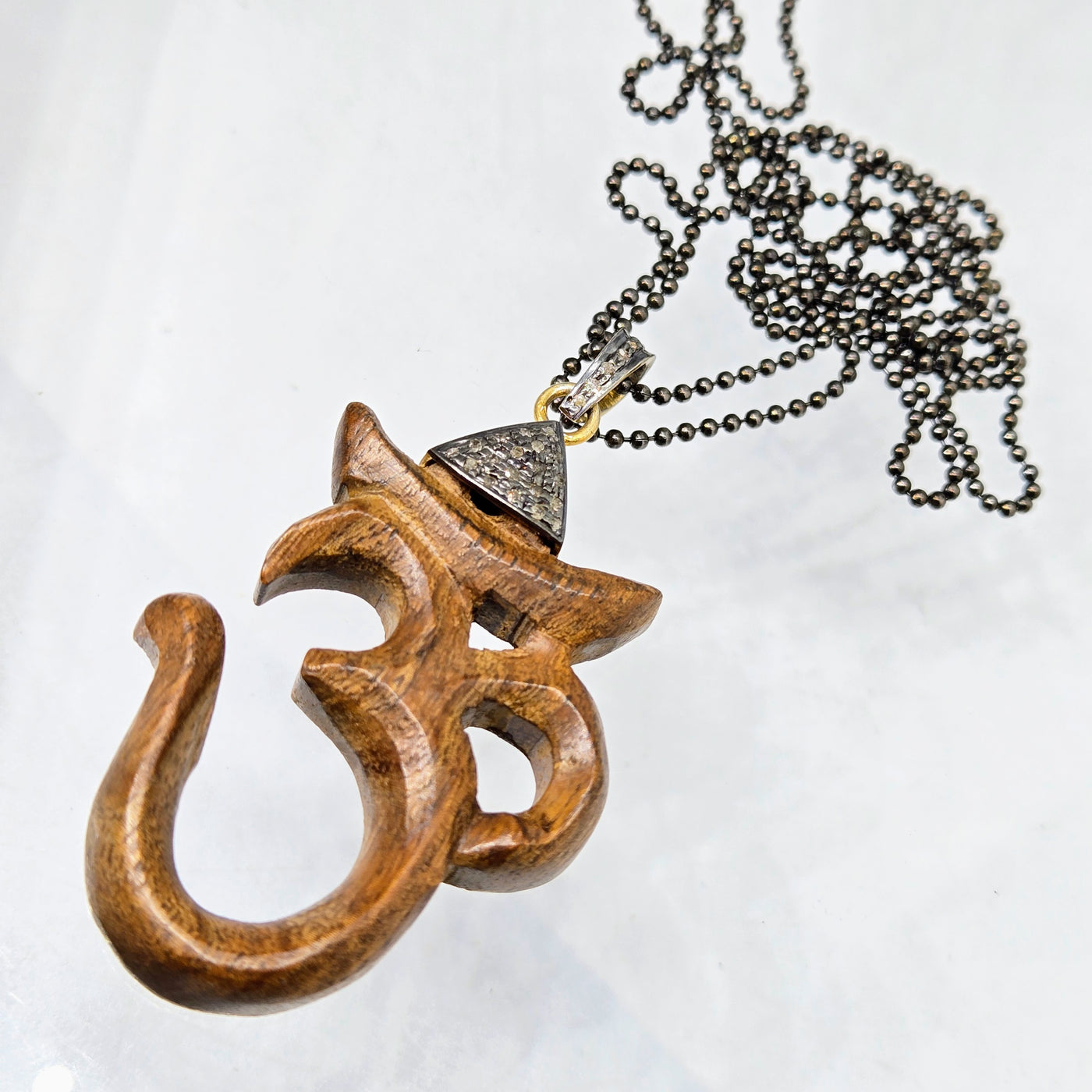 "Om... Ohm... AUM... Oh, MY!" Pendant Necklace - Wood, Diamonds, Oxidized Sterling