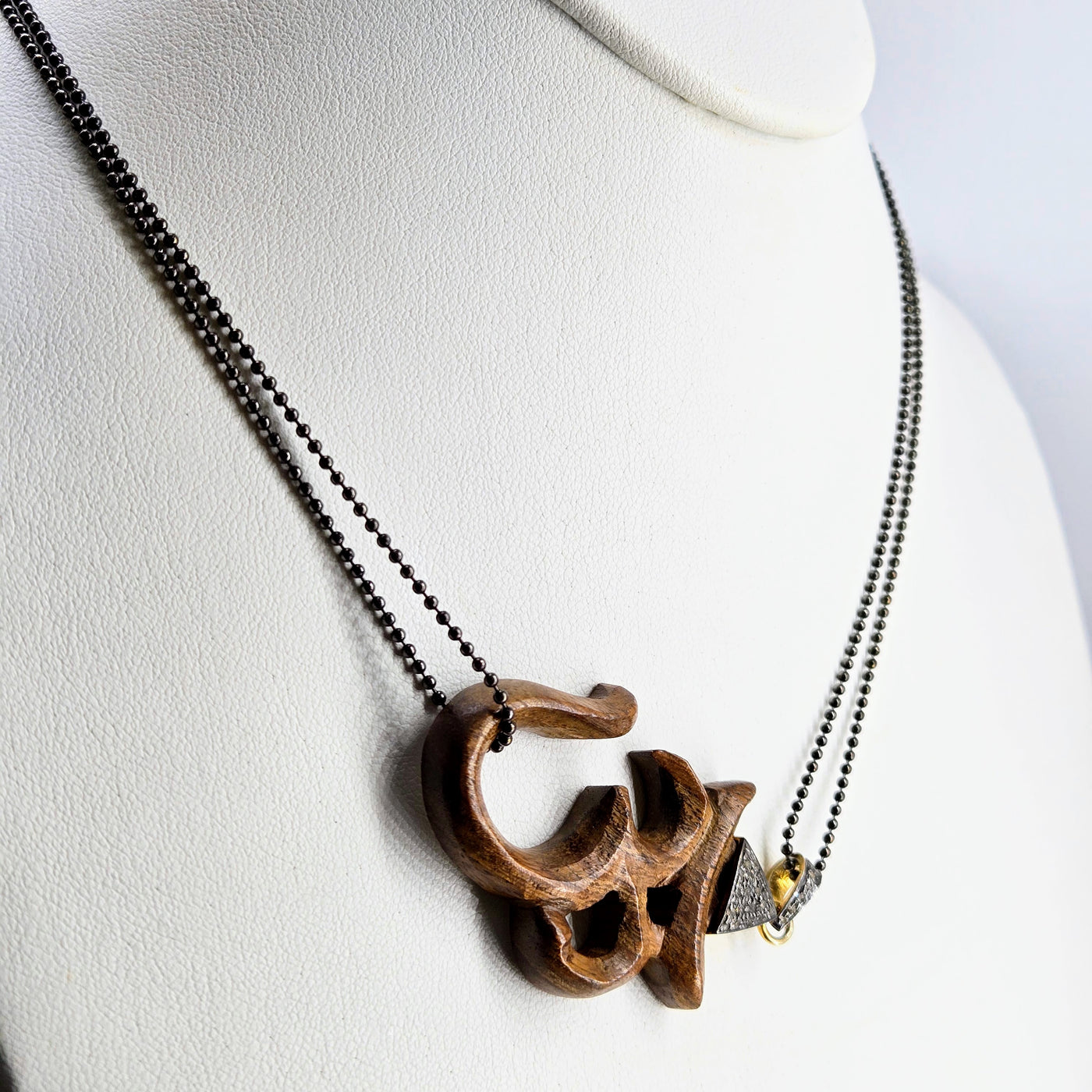 "Om... Ohm... AUM... Oh, MY!" Pendant Necklace - Wood, Diamonds, Oxidized Sterling