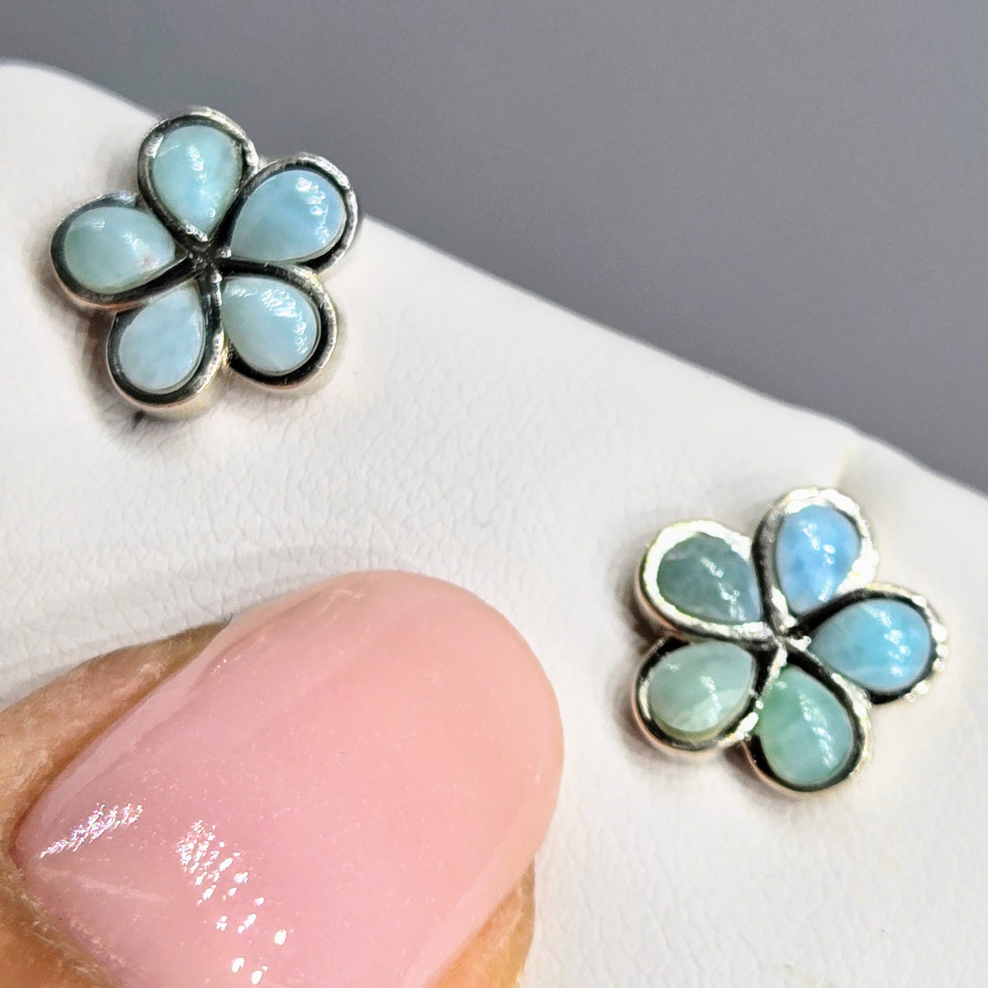 "Frangipani Blue" - Stud Earrings - Larimar, Anti-tarnish Sterling