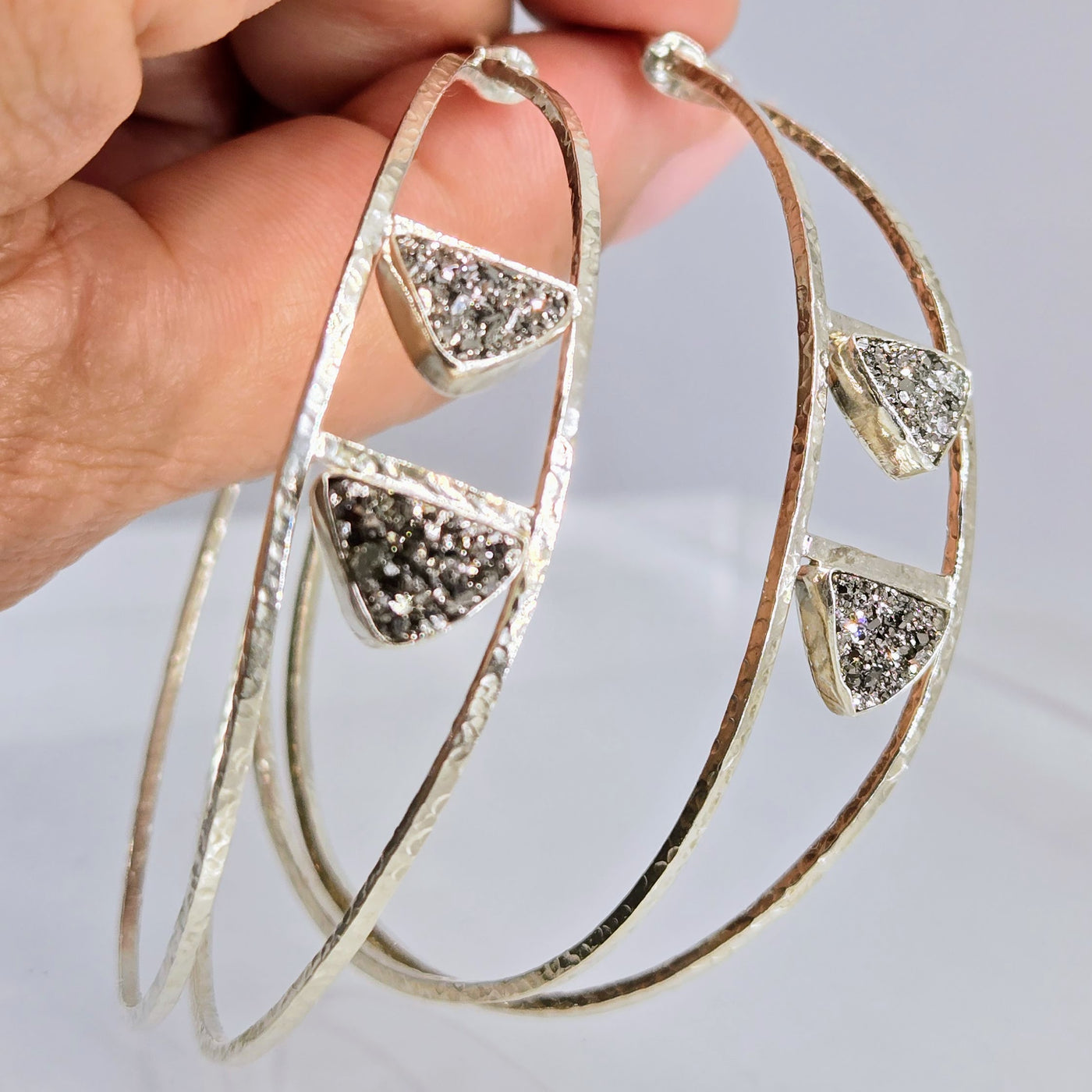 "J-Lo-Cool" 2.25" Hoop Earrings - Druzy, Sterling