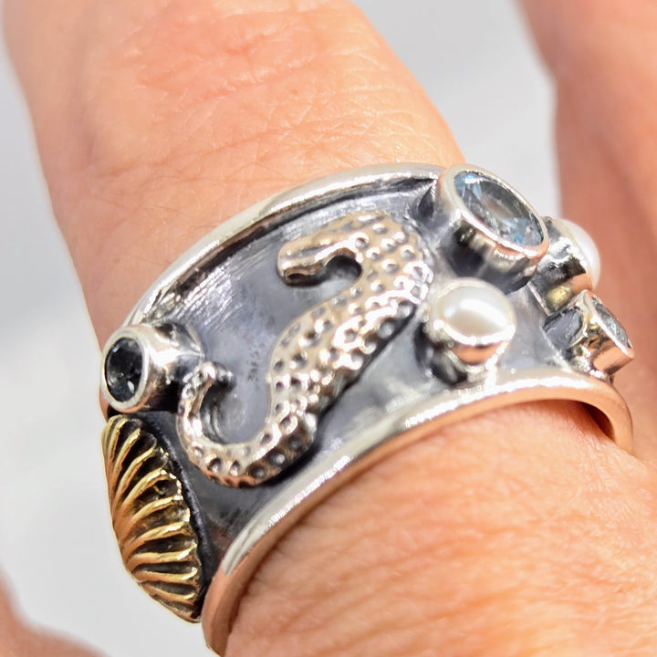 "Boticelli's Dream" Rings - Pearls, Topaz, Sterling, Bronze Accents