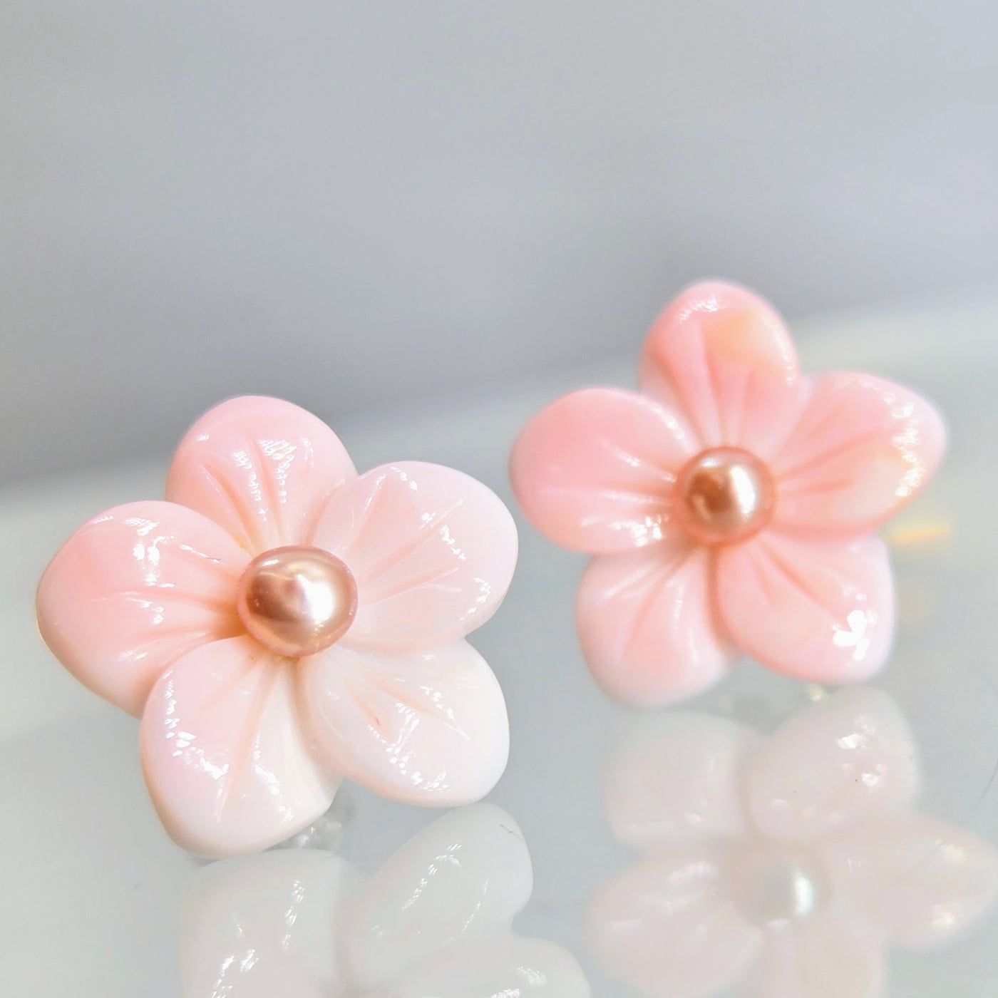 "Conch Pearl Flowers" .5" Earrings - Conch Shell, Pearls,  Anti-tarnish Sterling