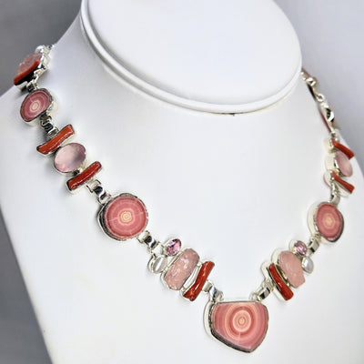 "Precious Pinks" 15" - 18" Necklace - Rhodochrosite, Coral, Morganite, Chalcedony, Pearls, Tourmaline, Sterling