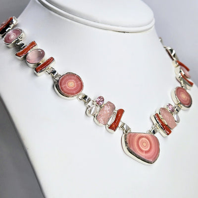 "Precious Pinks" 15" - 18" Necklace - Rhodochrosite, Coral, Morganite, Chalcedony, Pearls, Tourmaline, Sterling