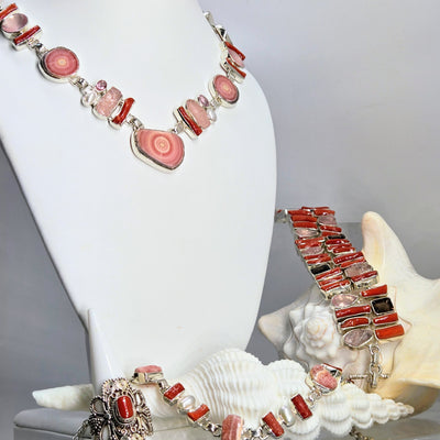 "Precious Pinks" 15" - 18" Necklace - Rhodochrosite, Coral, Morganite, Chalcedony, Pearls, Tourmaline, Sterling