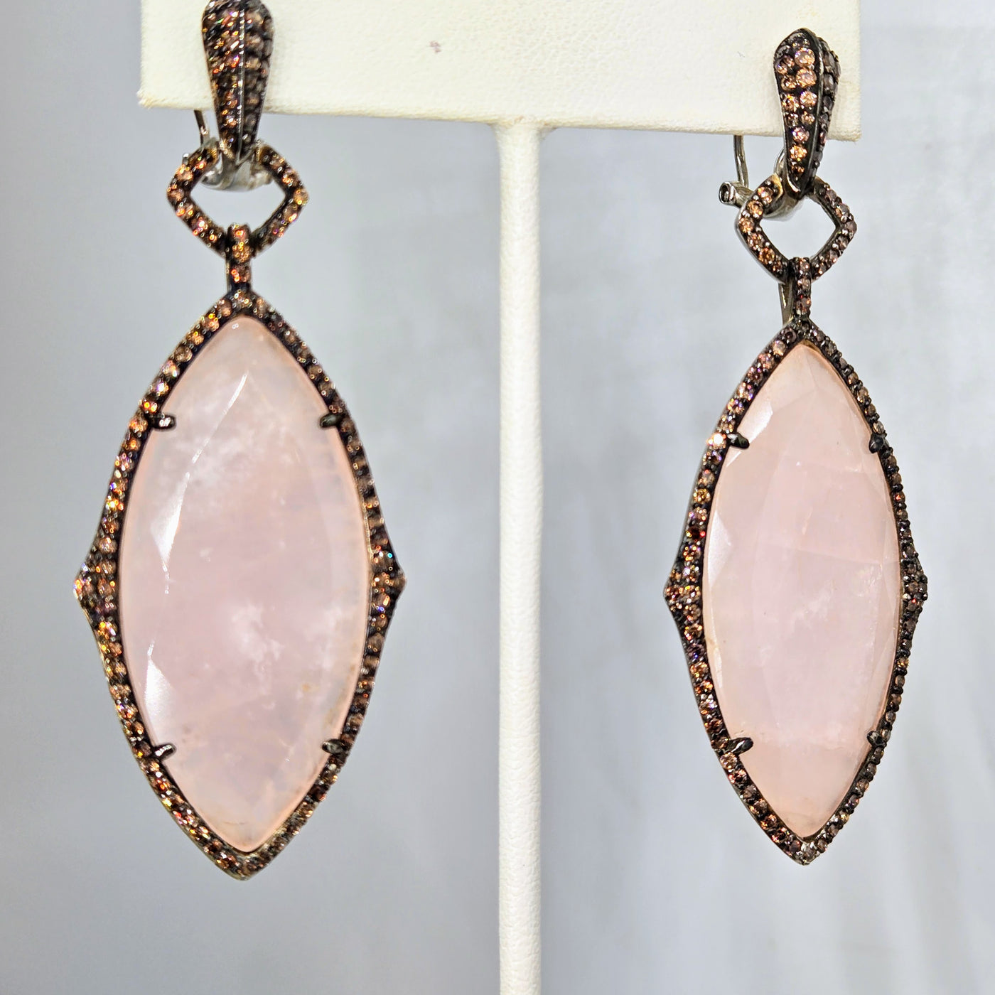 "Strawberry Mousse" 3" Earrings - Rose Quartz, Topaz, Anti-tarnish Sterling