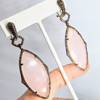 "Strawberry Mousse" 3" Earrings - Rose Quartz, Topaz, Anti-tarnish Sterling